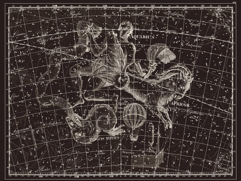 无人,横图,黑白,地图,科学,星星,摄影,星座,手艺,天文学,摩羯座,水瓶座,拉丁文,雕刻术