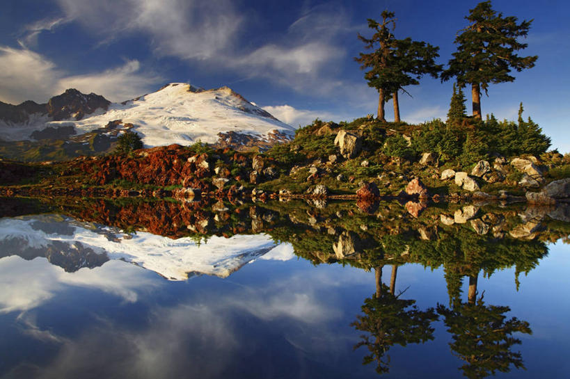 无人,横图,室外,白天,湖,火山,山,美国,反射,地形,树,地标建筑,摄影,宁静,冰河,华盛顿州,地质学,岩石,彩图,贝克尔山