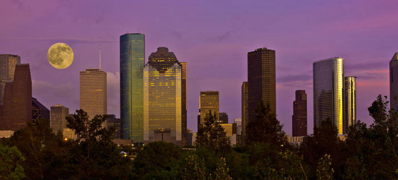 无人,横图,全景,室外,日落,天际线,城市,建筑,摩天大楼,美国,月亮,满月,摄影,德克萨斯,彩图
