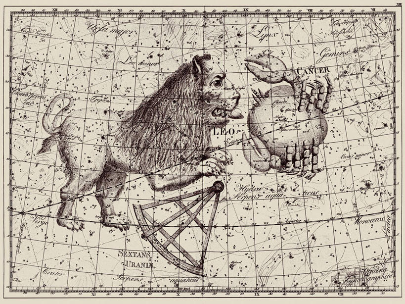 无人,横图,狮子,地图,艺术,科学,螃蟹,星星,摄影,狮子座,星座,六分仪,天文学,拉丁文,彩图,雕刻术