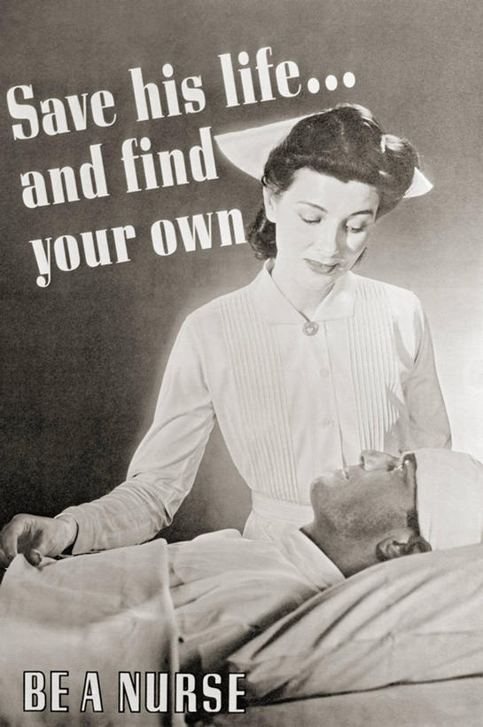 成年人,中年人,两个人,病人,护士,竖图,黑白,室内,通讯,美国,历史,战争,摄影,英文字母,受伤,损伤,中年男性,中年女性,绷带,挫伤