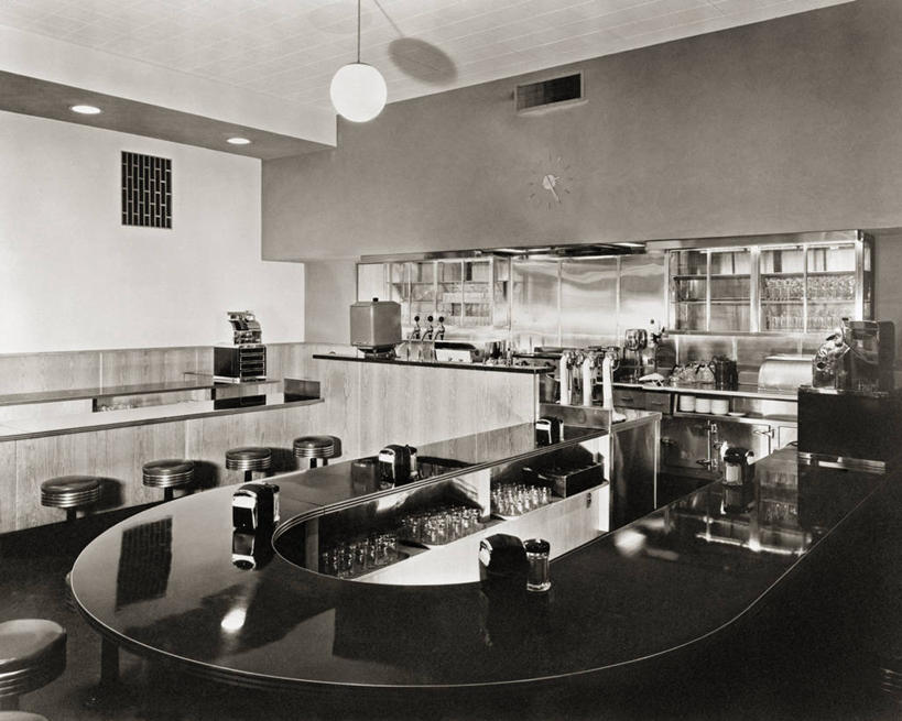 无人,横图,黑白,室内,厨房,摄影,吧椅,马蹄铁,美国文化,餐馆