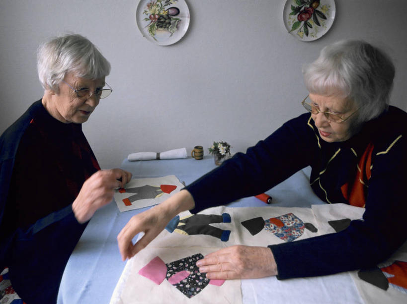 西方人,成年人,老年人,两个人,家庭,姐妹,双胞胎,坐,横图,室内,特写,侧面,桌子,丹麦,欧洲,欧洲人,科学,眼镜,首都,摄影,棉被,哥本哈根,老年女性,女人,女性,白种人,半身,彩图