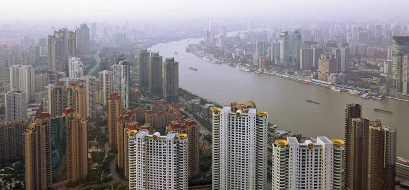 无人,横图,全景,俯视,室外,白天,多云,城市,建筑,摩天大楼,上海,烟雾,现代,黄浦江,办公大楼,摄影,污染,彩图,高角度拍摄,旅行