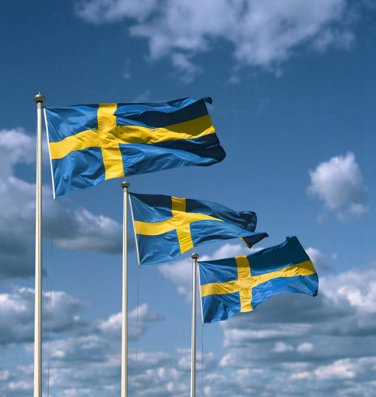 无人,竖图,室外,白天,仰视,旗帜,国旗,瑞典,欧洲,一排,阴影,整齐,并列,并排,飘扬,光线,影子,云,云朵,云彩,排列,蓝色,白云,蓝天,天空,阳光,天,斯堪的纳维亚,队列,北欧,斯堪的纳维亚半岛,平行,三面,瑞典王国,旗,彩图,低角度拍摄