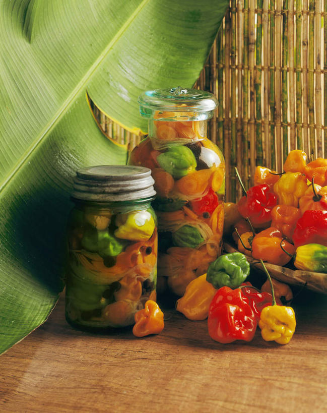 无人,竖图,俯视,室内,特写,白天,餐桌,桌子,辣椒,蔬菜,叶子,一堆,许多,阴影,堆叠,堆积,新鲜,装饰,光线,罐子,影子,食品,绿叶,很多,芭蕉叶,玻璃制品,食物,黄色,红色,绿色,玻璃瓶,瓶子,嫩叶,瓶盖,有机食品,绿色食品,餐台,堆,华丽,修饰,点缀,保存,密封,彩椒,辣角,红海椒,大椒,辣虎,广椒,衬托,美观,雅致,雅观,叶,叶片,甜椒,柿子椒,辣子,海椒,番椒,灯笼椒,彩图,高角度拍摄