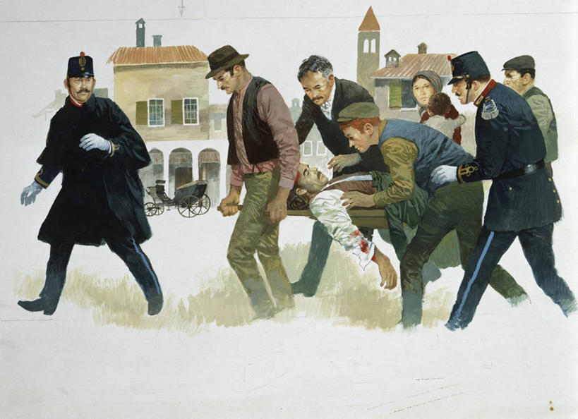 成年人,横图,插画,室外,白天,侧面,制服,绘画,合作,团队,数码,科技,街道,帽子,阴影,艺术,网络,城镇,高光,几何,计算机图形,古典,合成,图画,拿着,休闲装,文化,画,工人,工艺品,品味,血液,放松,运输,美术,死亡,电脑合成图,数码合成图,担架,高雅,合成图,文学,运送,痛苦,漫画,写实,具体,具象,美学,担心,男人,女人,员工,步行,仰卧,彩图,传统服装,匠人,劳动者,体力工