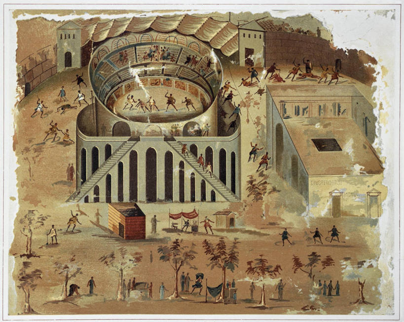 横图,俯视,插画,室外,白天,数码,科技,城市,建筑,对抗,阴影,神话,冲突,网络,许多人,高光,几何,计算机图形,合成,图画,历史,体育场,古罗马,画,古代,一群人,力量,战争,摄影,考古学,电脑合成图,数码合成图,合成图,打斗,漫画,意大利文化,坎帕尼亚,写实,具体,具象,战役,古希腊,庞贝,古代文明,美术工艺,彩图,高角度拍摄,暴动,过去