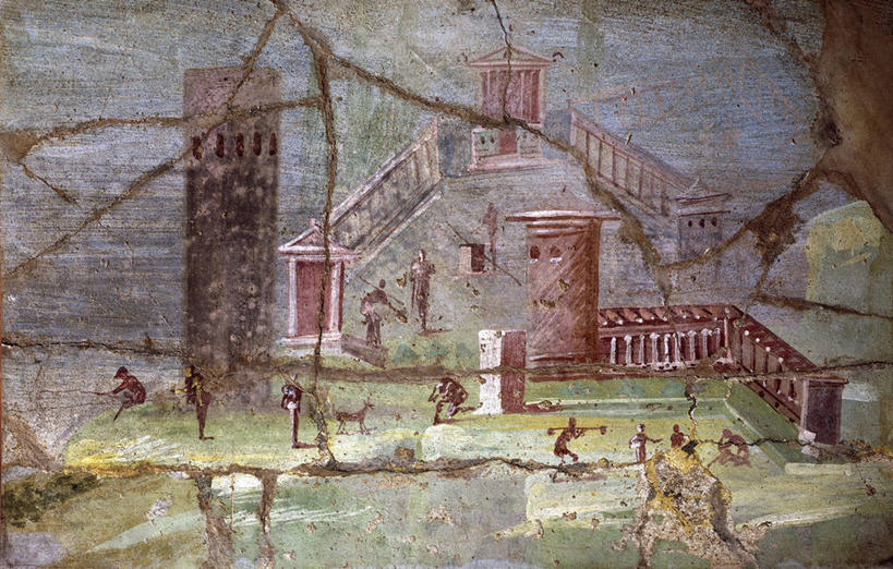 横图,俯视,室外,白天,城市,建筑,宠物,狗,朦胧,模糊,历史,古罗马,摄影,考古学,意大利文化,庞贝,美术工艺,彩图,高角度拍摄,过去