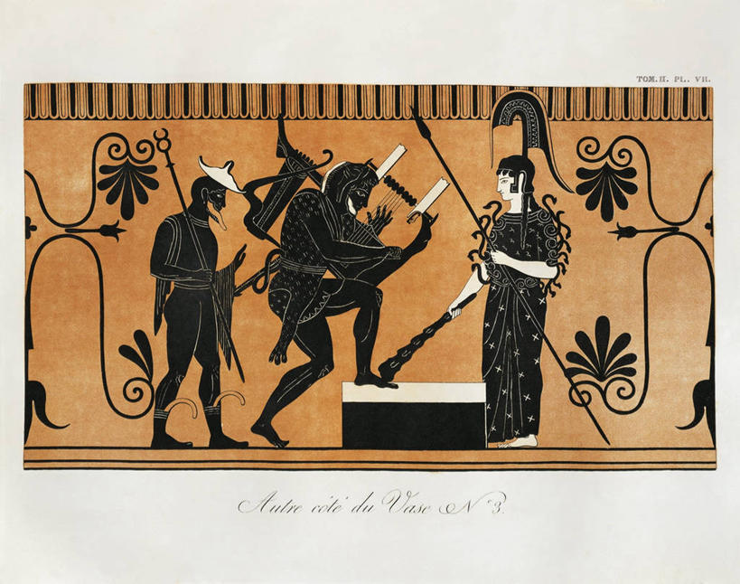 成年人,三个人,站,横图,特写,侧面,表演,橙色背景,花纹,神话,头盔,音乐,拿着,历史,白色,黑色,摄影,考古学,简单,矛,大力神,雅典娜,七弦琴,古希腊,美术工艺,男人,女人,彩图,雕刻术,过去