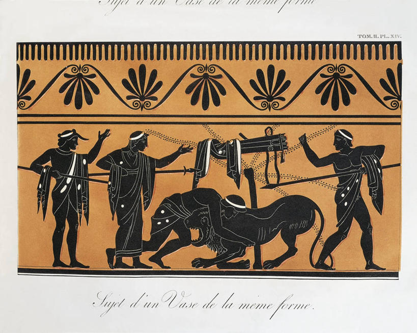 成年人,四个人,站,横图,特写,侧面,重复,狮子,弯腰,橙色背景,花纹,神话,拿着,历史,黑色,打闹,摄影,考古学,简单,打斗,矛,大力神,恶作剧,古希腊,美术工艺,男人,彩图,雕刻术,过去