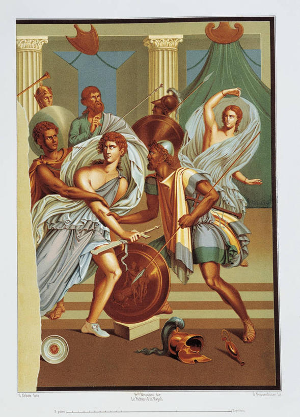 成年人,站,竖图,插画,室内,白天,绘画,数码,科技,建筑,士兵,对抗,阴影,神话,艺术,冲突,网络,长袍,头盔,柱子,高光,几何,计算机图形,古典,合成,图画,拿着,历史,文化,古罗马,画,古代,工艺品,品味,武器,力量,摄影,盾,美术,考古学,电脑合成图,数码合成图,高雅,合成图,打斗,进攻,漫画,矛,意大利文化,写实,具体,具象,美学,勇气,英雄,古希腊,庞贝,古代文明,美术工艺,阿基里斯,彩图,传统服装,传统文化,过去