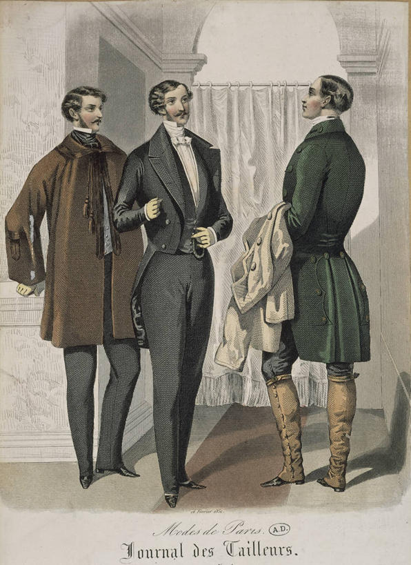 成年人,三个人,站,竖图,室外,白天,时尚,正装,外套,衣服,摄影,高雅,法国文化,发型,小胡子,彩图,传统服装,雕刻术