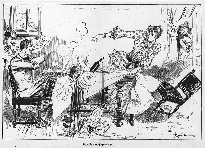 成年人,三个人,横图,黑白,插画,室内,数码,科技,桌子,椅子,阴影,冲突,网络,饭厅,高光,几何,计算机图形,合成,图画,汤碗,饮食,画,盘子,摄影,幽默,电脑合成图,数码合成图,合成图,问题,漫画,法国文化,写实,具体,具象,男人,女人,扔,窥视,讽刺画