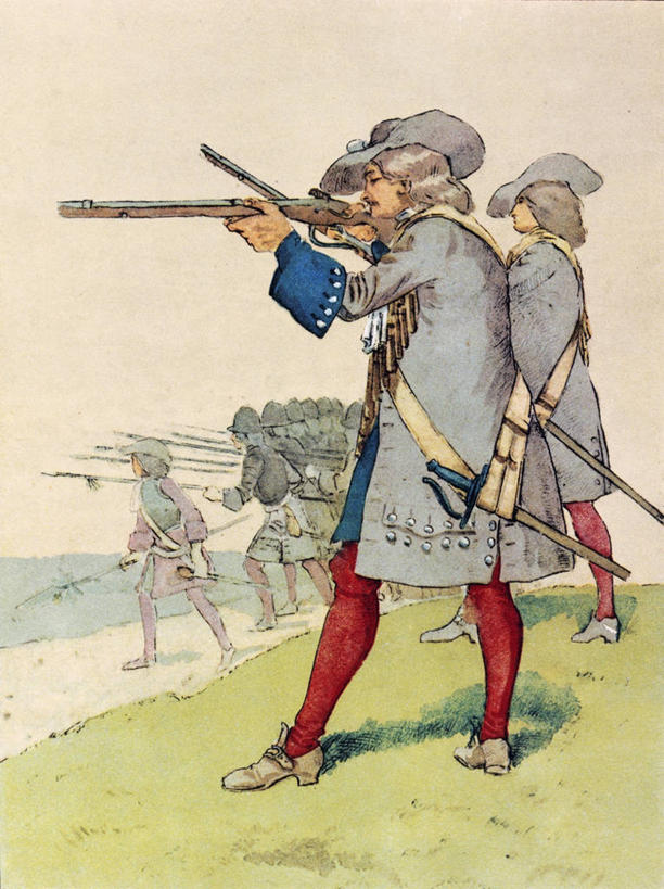 成年人,两个人,竖图,室外,白天,侧面,民族服装,帽子,瑞士,军事,拿着,历史,武器,摄影,瞄准,来福枪,彩图,传统服装,民俗服,雕刻术