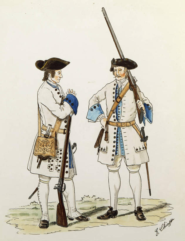 成年人,两个人,站,竖图,室外,白天,民族服装,帽子,军事,拿着,历史,武器,摄影,军服,法国文化,来福枪,18世纪,彩图,传统服装,民俗服,雕刻术,步兵