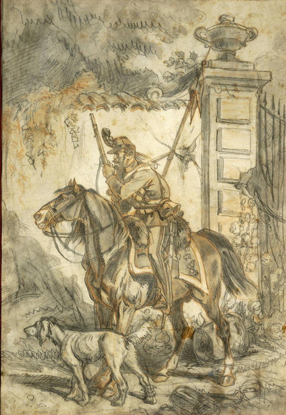 成年人,一个人,竖图,插画,室外,白天,数码,科技,狗,马,仅一个男性,骑马,阴影,军事,网络,高光,几何,计算机图形,合成,图画,历史,画,动物,两只,摄影,电脑合成图,数码合成图,合成图,军服,漫画,监视,长矛,意大利文化,机敏,写实,具体,具象,彩图