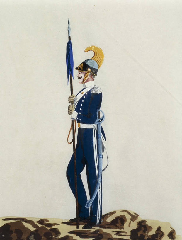 成年人,一个人,站,竖图,插画,室外,白天,侧面,数码,科技,仅一个男性,阴影,军事,网络,头盔,头饰,高光,几何,计算机图形,合成,图画,拿着,历史,画,摄影,电脑合成图,数码合成图,合成图,军服,漫画,长矛,意大利文化,写实,具体,具象,小胡子,岩石,彩图