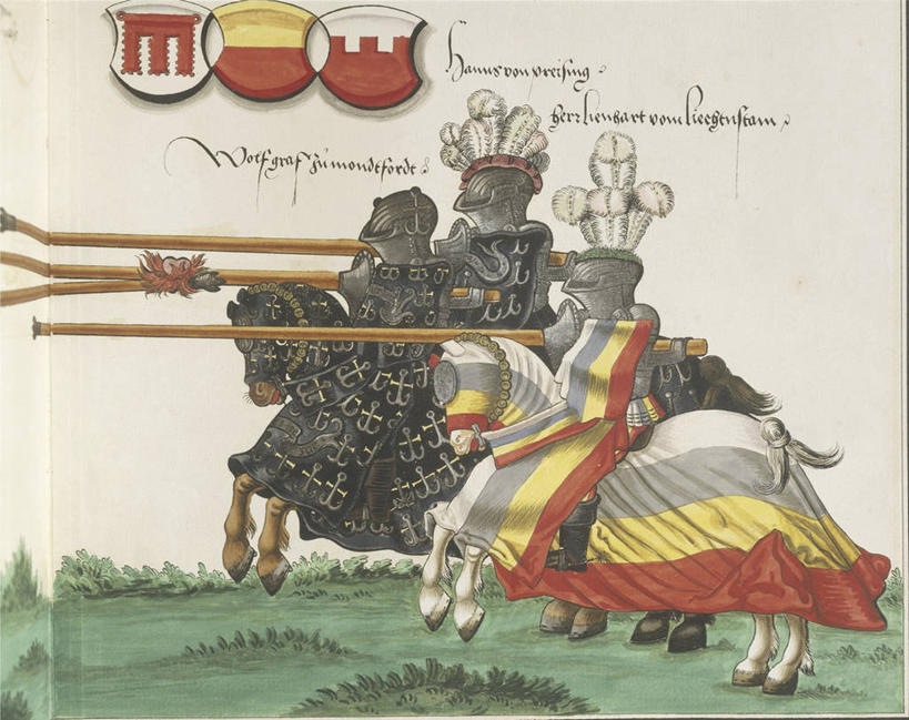 成年人,两个人,横图,室外,白天,侧面,民族服装,竞争,马,对抗,骑马,军事,文字,历史,动物,手稿,两只,摄影,英文字母,打斗,长矛,敌对,盾形徽章,美术工艺,男人,彩图,传统服装,民俗服