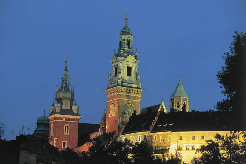 无人,教堂,横图,室外,夜晚,仰视,度假,植物,城市,建筑,欧洲,波兰,酒类,图像,酒,树,饮料,蓝色,天空,地标建筑,摄影,宗教,人造,风格,基督教,主题,视角,东欧,万里无云,蒸馏酒,烈酒,构图,灵性,克拉科夫,小波兰省,彩图,低角度拍摄,旅行,大教堂,时空,瓦维尔主教座堂