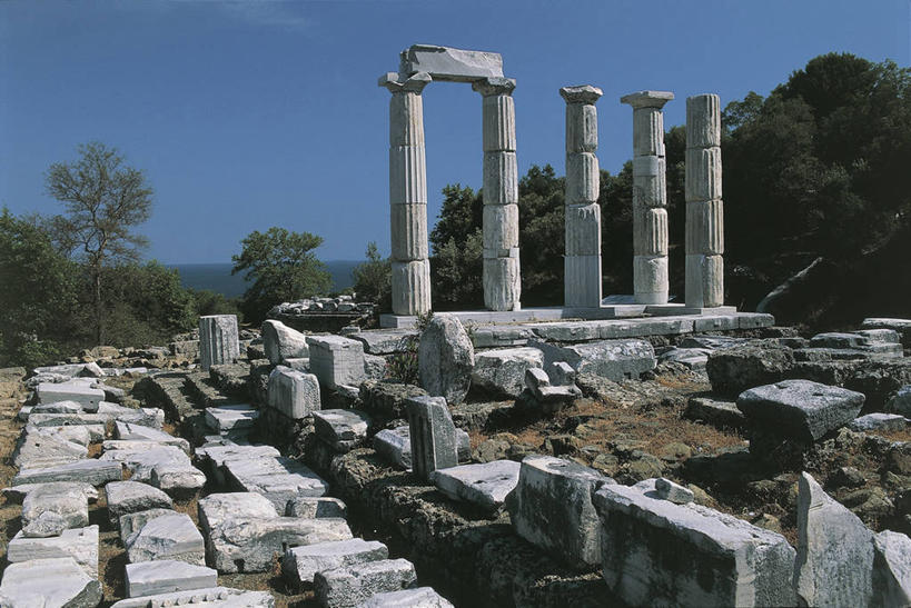 无人,寺庙,横图,室外,白天,海洋,水,植物,建筑,希腊,欧洲,柱子,岛,地平线,水平线,图像,历史,废墟,树,天空,摄影,宗教,人造,神殿,爱琴海,地中海,宗教建筑,地中海文化,南欧,希腊文化,主题,爱琴海群岛,地貌,万里无云,构图,古希腊,古代文明,萨莫色雷斯岛,彩图,旅行,时空,传统文化,状态