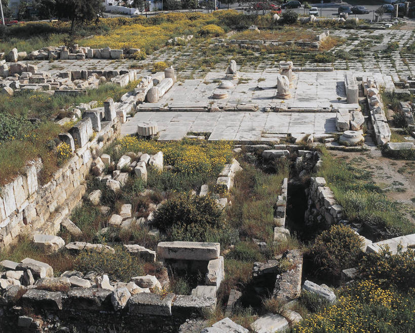 无人,横图,俯视,室外,白天,植物,城市,建筑,汽车,希腊,欧洲,柱子,机动车,图像,历史,废墟,树,摄影,考古学,人造,地中海文化,都市风光,南欧,主题,动力设备,视角,构图,古希腊,古代文明,阿提卡,古代史,中部希腊大区,彩图,高角度拍摄,旅行,时空,传统文化,输电塔,状态