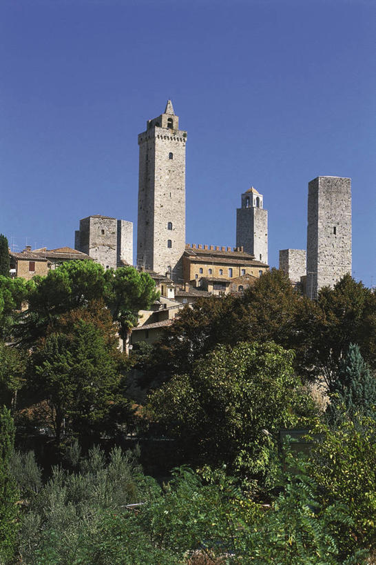 无人,竖图,室外,白天,仰视,建筑,意大利,欧洲,环绕,城堡,塔,历史,树,摄影,地中海文化,意大利文化,托斯卡纳区,圣吉米尼亚诺,万里无云,彩图,低角度拍摄,过去