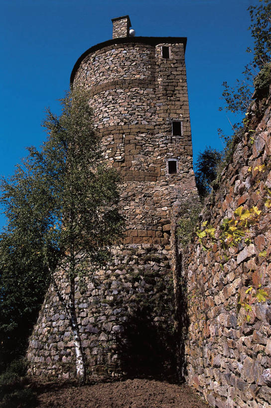 无人,竖图,室外,白天,建筑,法国,欧洲,城堡,历史,石墙,树,蓝色,摄影,保护,地中海文化,万里无云,奥弗涅,彩图,过去