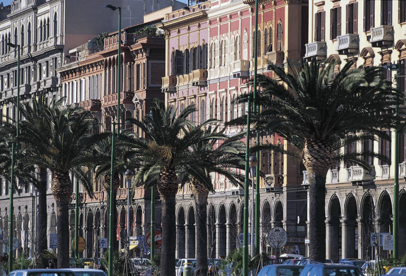 无人,横图,室外,白天,窗户,城市,建筑,路灯,汽车,棕榈树,意大利,欧洲,柱子,车,树,交通工具,运输,摄影,地中海文化,载具,意大利文化,卡利亚里,撒丁岛,彩图
