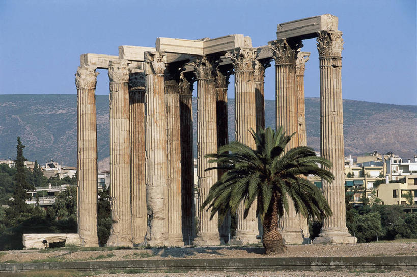 无人,寺庙,横图,室外,白天,山,城市,建筑,希腊,欧洲,柱子,首都,豪华,历史,废墟,树,蓝色,地标建筑,摄影,宗教,宗教建筑,地中海文化,希腊文化,古典风格,万里无云,科林斯柱式,富丽,古希腊,古代文明,阿提卡,柱廊,柱式,彩图,宙斯神庙,过去