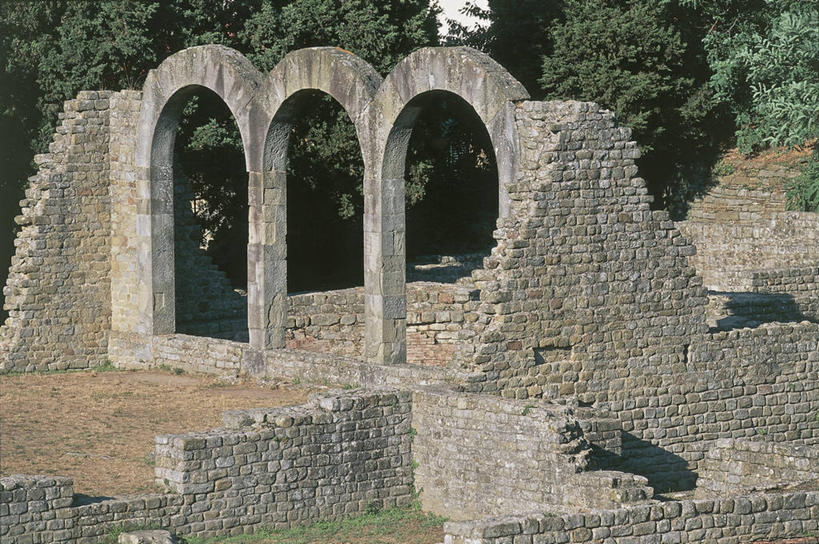 无人,横图,室外,白天,建筑,意大利,欧洲,拱门,历史,砖墙,废墟,树,温泉池,摄影,考古学,地中海文化,意大利文化,托斯卡纳区,古代文明,罗马浴池,彩图