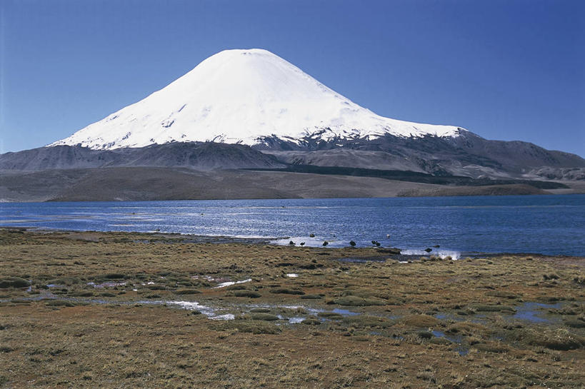 无人,横图,室外,白天,湖,火山,山,山脉,雪,雪山,智利,地形,山顶,宏伟,风景,天空,自然,南美,摄影,国家公园,万里无云,安地斯山脉,朗卡国家公园,自然地理,彩图,旅行,联合国教科文组织
