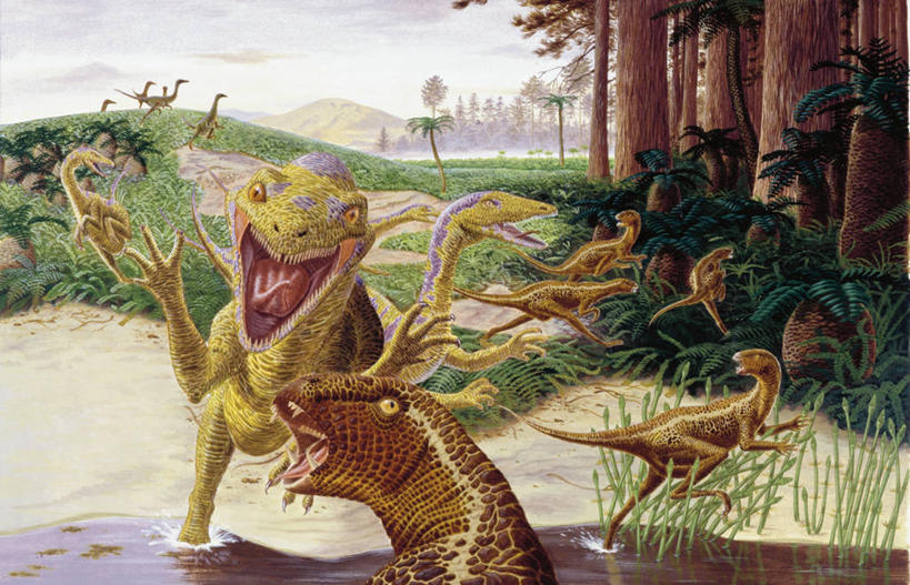 无人,横图,室外,白天,河流,山,野生动物,捕食,流水,树,自然,动物,打开,恐龙,环境,开启,威胁,进攻,侏罗纪,古代史,地质学,史前时代,恐惧,危险,彩图,过去,古生物学