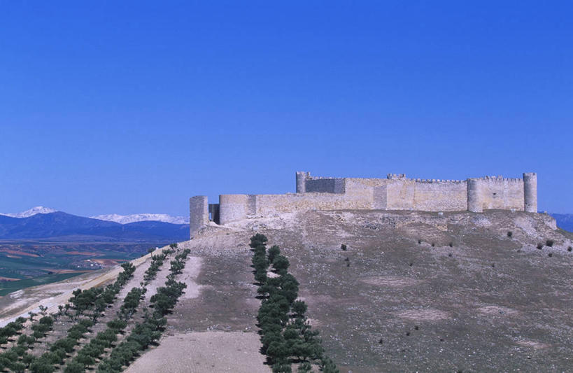 无人,横图,室外,白天,山,山脉,建筑,西班牙,欧洲,城堡,高原,纪念碑,历史,风景,天空,自然,摄影,保护,南欧,伊比利亚半岛,万里无云,西班牙王国,卡斯蒂利亚,卡斯蒂利亚拉曼查,卡斯蒂利亚拉曼恰,拉曼查,拉曼恰,石块,岩石,彩图,时代