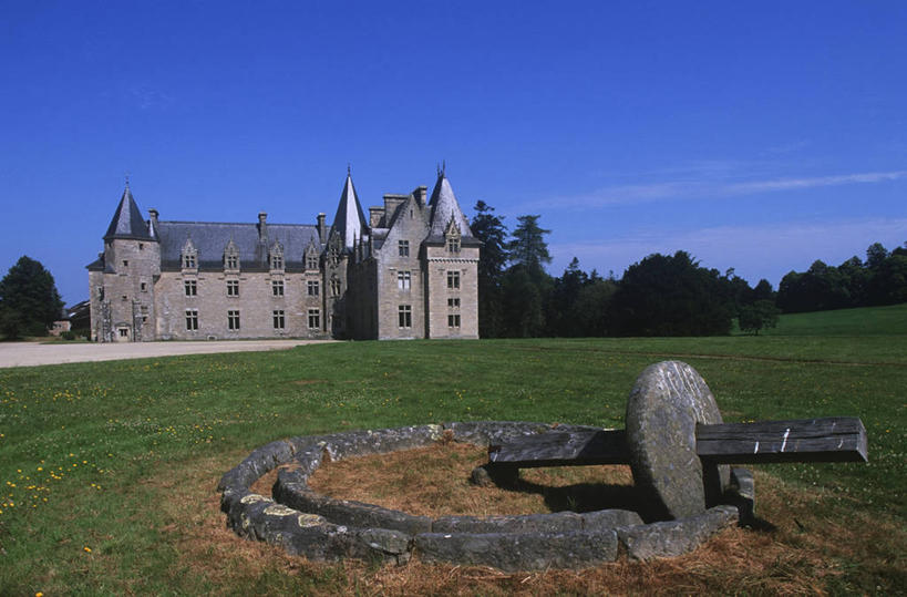 无人,横图,室外,白天,草坪,建筑,法国,城堡,房屋,庭院,纪念碑,尖顶,历史,草,树,摄影,布列塔尼,中欧,古代文明,磨石,彩图