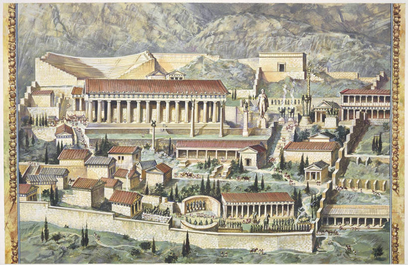 无人,横图,俯视,室外,度假,美景,城市风光,城市,建筑,希腊,欧洲,景观,历史,娱乐,城墙,树,享受,休闲,景色,放松,摄影,宗教建筑,希腊共和国,古代文明,灵性,重建,彩图,高角度拍摄,德尔菲,过去