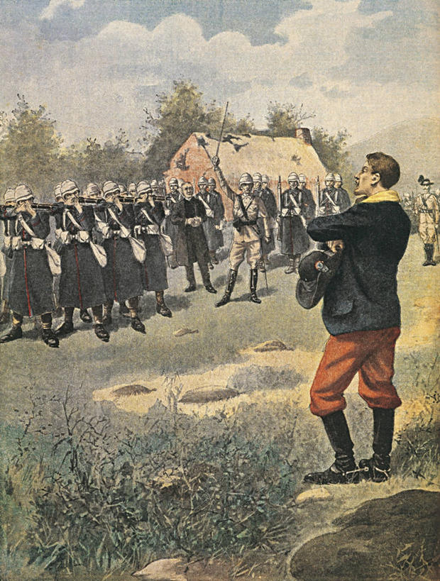 站,竖图,室外,白天,南非,士兵,对抗,冲突,军事,标志,符号,历史,标识,战争,摄影,作画,军服,来福枪,19世纪,性别符号,厌倦,彩图,男性符号,雕刻术,处决