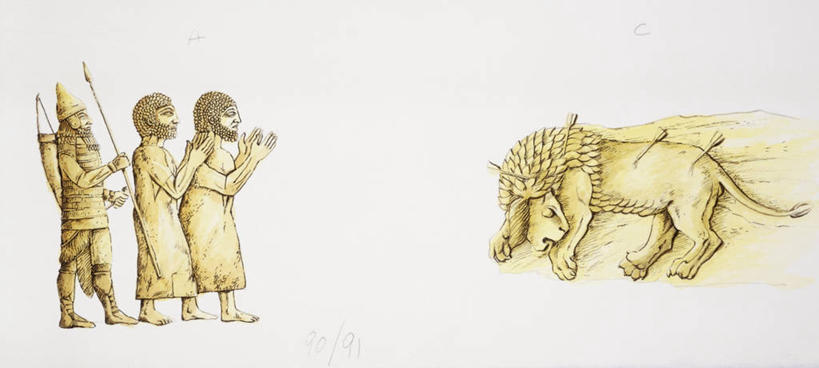 无人,横图,全景,插画,白色背景,侧面,数码,科技,狮子,雕塑,士兵,阴影,网络,弓箭,高光,几何,计算机图形,合成,图画,历史,画,白色,箭,电脑合成图,数码合成图,合成图,箭术,漫画,军队,写实,具体,具象,古代文明,平民,彩图,浅浮雕,性格