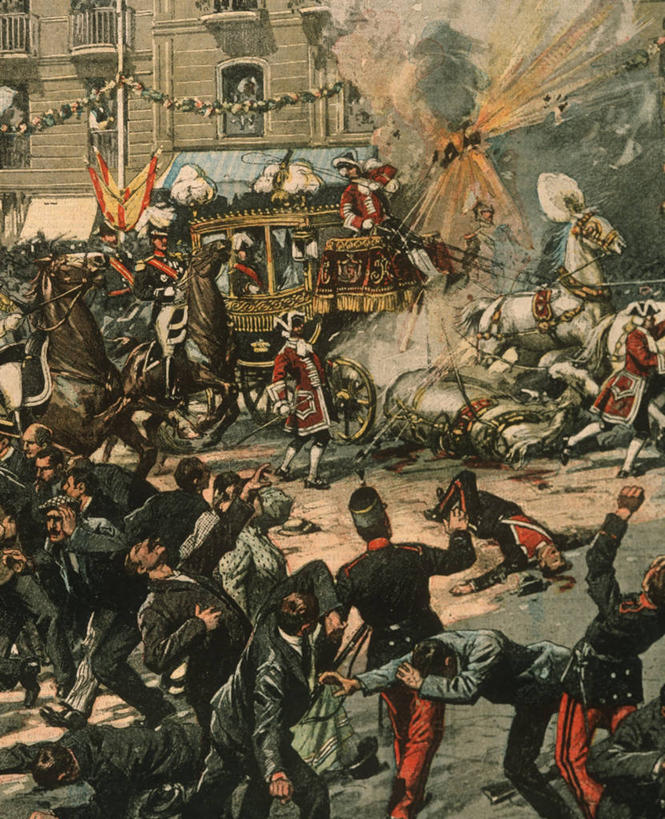 成年人,人群,竖图,插画,室外,白天,制服,数码,科技,街道,马,杂志,火,意大利,西班牙,三只,阴影,冲突,网络,马车,首都,许多人,高光,几何,计算机图形,合成,图画,历史,破坏,破损,画,一群人,马德里,运输,摄影,损坏,死亡,电脑合成图,数码合成图,暴力,合成图,南欧,打斗,暗杀,军服,进攻,漫画,马德里省,伊比利亚半岛,皇室,写实,具体,具象,战役,危险,男人,彩图,混沌