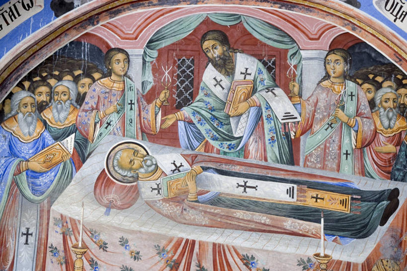 无人,教堂,横图,室内,特写,白天,保加利亚,标志,符号,标识,壁画,地标建筑,摄影,宗教,死亡,基督教,修道院,性别符号,东正教,葬礼,美术工艺,里拉修道院,彩图,旅行,男性符号