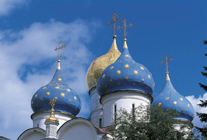 无人,横图,室外,特写,白天,仰视,建筑,俄罗斯,屋顶,历史,蓝色,地标建筑,摄影,圆顶建筑,谢尔吉耶夫,彩图,低角度拍摄,大教堂,俄罗斯文化