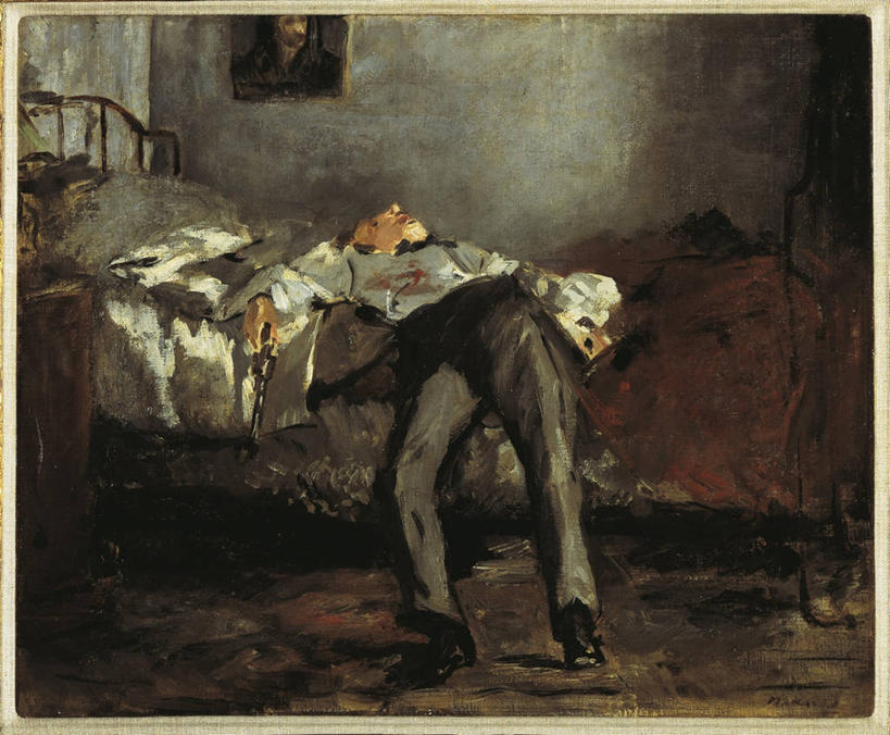 成年人,一个人,横图,室内,衬衫,绘画,寂寞,床,卧室,仅一个男性,裤子,艺术,古典,文化,床上用品,工艺品,品味,血液,手枪,美术,死亡,高雅,自杀,美学,结束,殒命,灭亡,马奈,仰卧,彩图,损失,独处