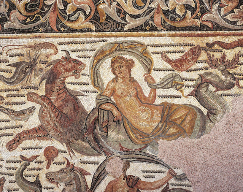 成年人,两个人,坐,横图,室内,白天,海洋,花纹,神话,图案,墙,围墙,历史,裸露,古代,虚构,摄影,海怪,手艺,裸,希腊神话,古代文明,美术工艺,彩图,罗马神话