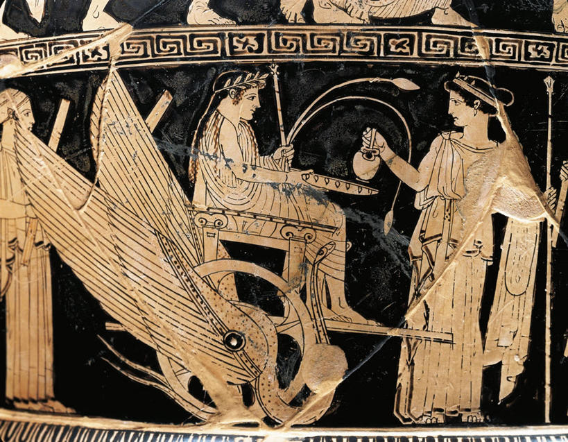 成年人,三个人,站,坐,横图,神话,长袍,陶瓷制品,拿着,历史,陶器,摄影,希腊文化,手艺,战车,古代文明,美术工艺,男人,女人,彩图