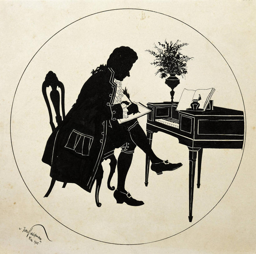 成年人,中年人,一个人,坐,横图,方图,插画,侧面,数码,科技,仅一个男性,仅一个人,仅一个中年男性,写,准备,阴影,网络,圆形,钢琴,乐器,高光,几何,计算机图形,音乐,合成,图画,画,灵感,电脑合成图,数码合成图,合成图,剪影,漫画,18世纪,莫扎特,写实,具体,具象,男人,男性,中年男性,作曲家,彩图,大键琴,古典乐