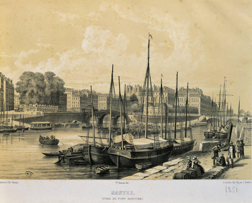 帆船,划艇,横图,插画,室外,白天,数码,科技,河流,城市,建筑,船,法国,阴影,印刷,网络,文字,高光,几何,计算机图形,联系,合成,图画,拱桥,画,交通工具,运输,英文字母,电脑合成图,数码合成图,合成图,载具,漫画,写实,具体,具象,彩图,海港,南特,平版印刷,过去