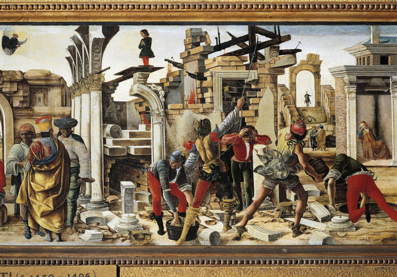 成年人,建筑工人,站,横图,室外,白天,绘画,建筑业,相框,艺术,古典,文艺复兴,历史,文化,脚手架,工艺品,建筑工地,品味,职业,摄影,宗教,美术,高雅,基督教,合伙,美学,神迹,圣人,男人,女人,步行,彩图