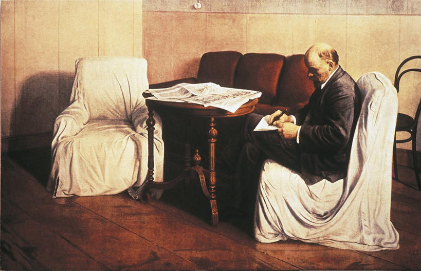 成年人,老年人,一个人,坐,横图,俯视,室内,白天,绘画,沙发,仅一个男性,仅一个人,仅一个中年男性,写,套装,艺术,古典,茶几,历史,文化,工艺品,品味,美术,高雅,扶手椅,列宁,美学,美术工艺,男人,男性,中年男性,彩图,高角度拍摄