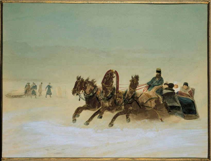 横图,室外,白天,侧面,绘画,雪,马,相框,三只,五个人,艺术,冬天,古典,文化,工艺品,品味,运输,摄影,颜料,雪橇,美术,高雅,美学,彩图