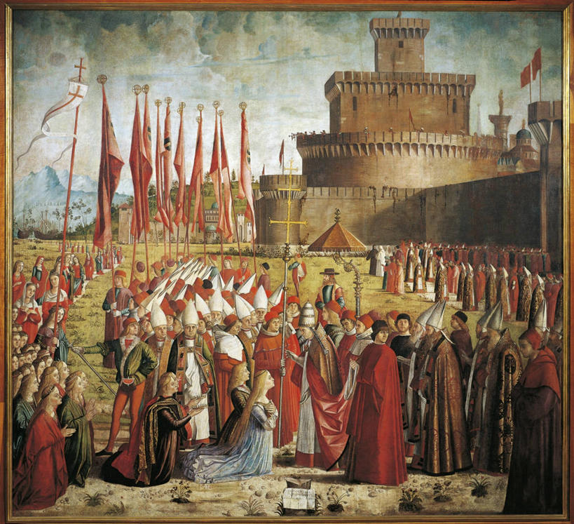 成年人,横图,插画,室外,白天,绘画,数码,科技,建筑,旗帜,罗马,阴影,艺术,网络,围墙,许多人,高光,几何,计算机图形,古典,文艺复兴,合成,图画,历史,文化,画,天空,工艺品,品味,一群人,宗教,美术,电脑合成图,数码合成图,高雅,基督教,合成图,漫画,朝圣节,写实,具体,具象,美学,尊敬,教皇,圣人,美术工艺,男人,女人,跪着,彩图,主教冠,朝拜者